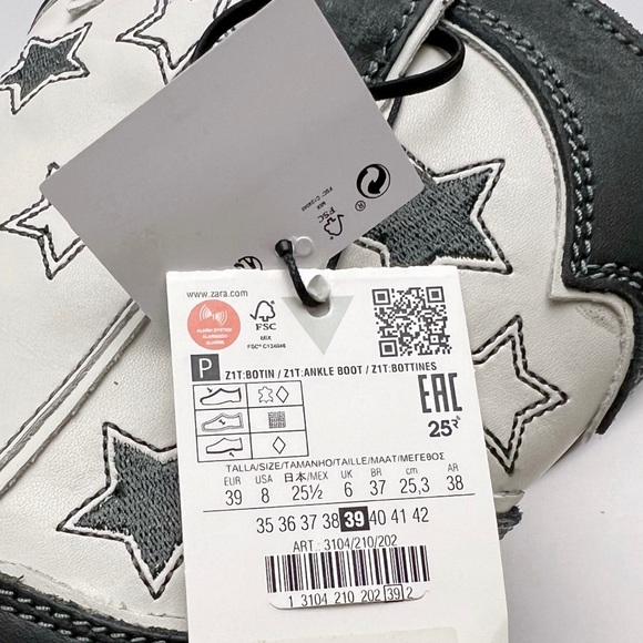 Zara Womens Black White Leather Stars Western Cowboy Boots EU 39 US 8 NEW - Picture 6 of 9